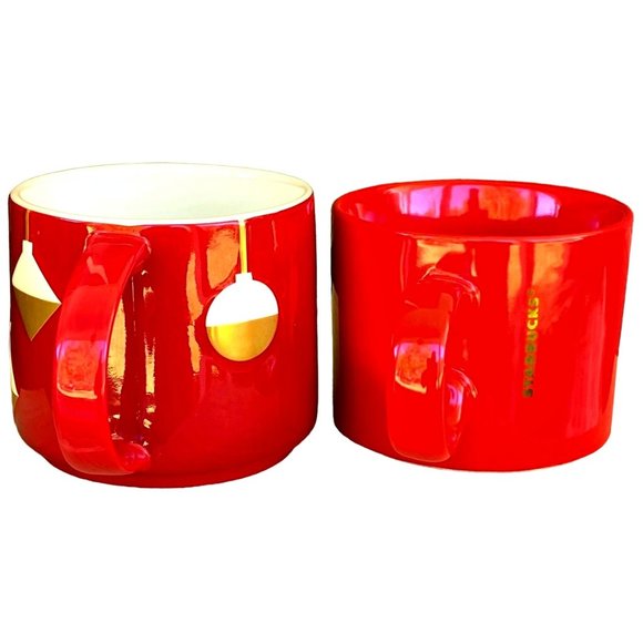 Two (2) Starbucks Christmas Coffee Mugs Red Gold Letters & Ornaments 2012 & 2017 - Picture 5 of 10